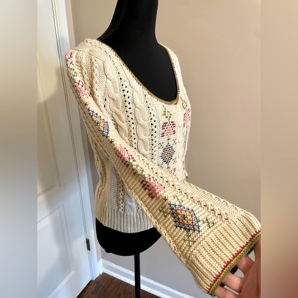 Anthropologie Guinevere Blue Ribbon Cardigan Size M Folksy Needlepoint Cableknit - Picture 5 of 13